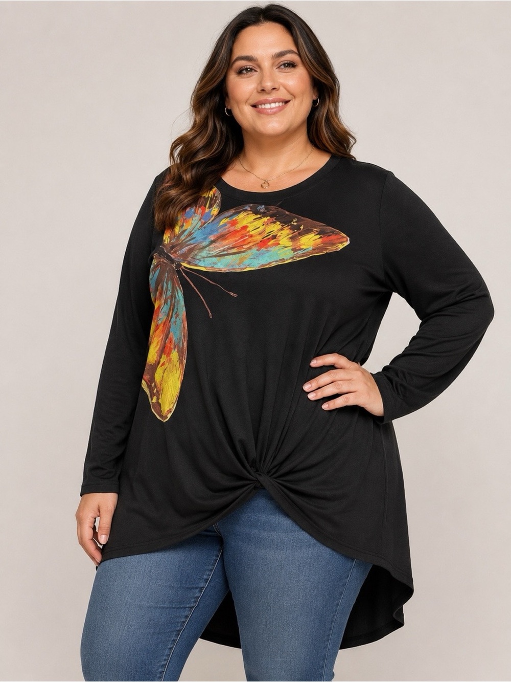 Black Butterfly Print Women's Top